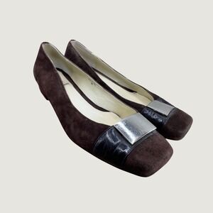 Salamander Square Toe Kitten Heels Size 39 8 Brown Suede Metal Buckle Office